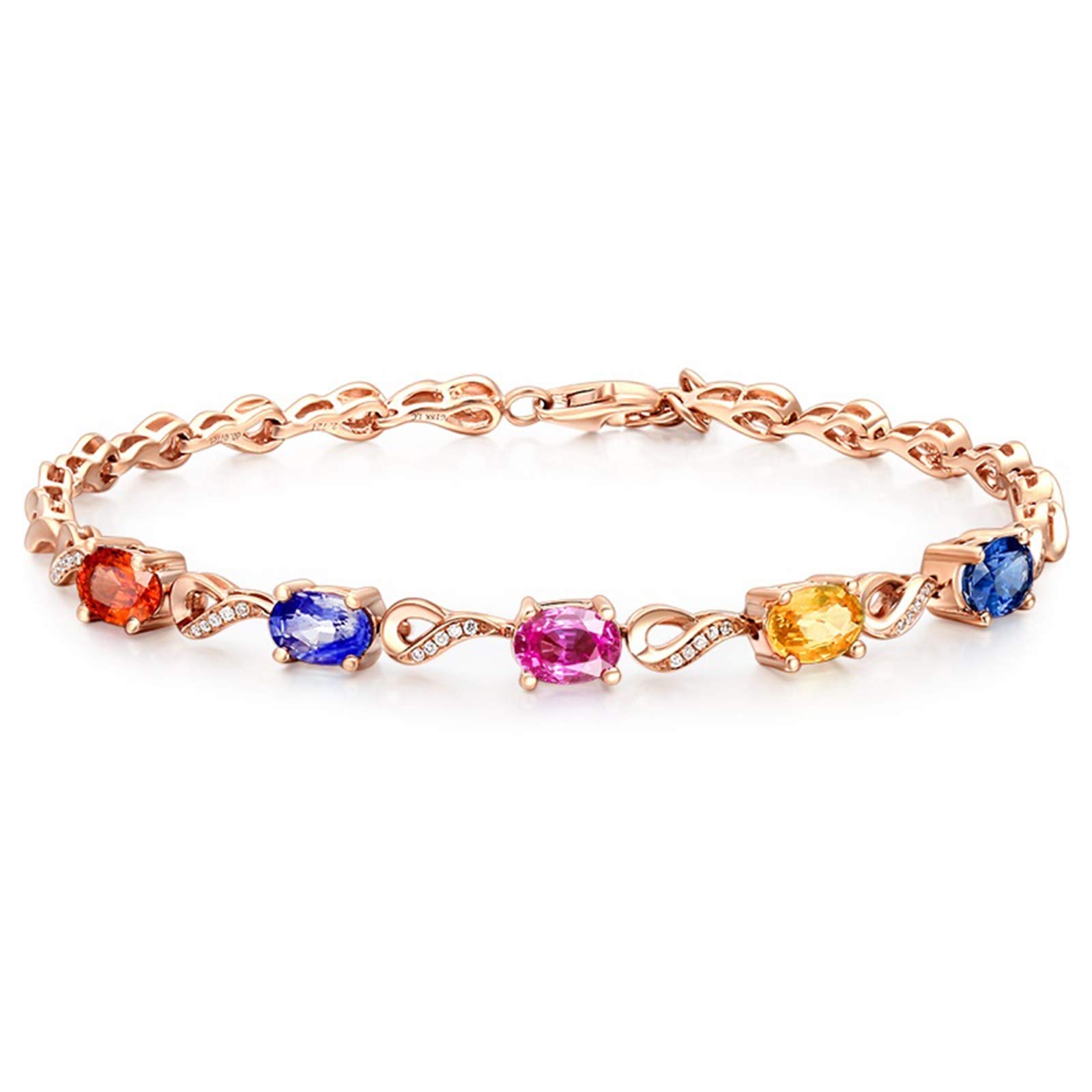 ZH1YFD Pulsera de Zafiro Oro Rosa, Eslabón de Barra con Zafiro Multicolor 2.724ct Pulseras en Joyería de Mujer 16+3CM