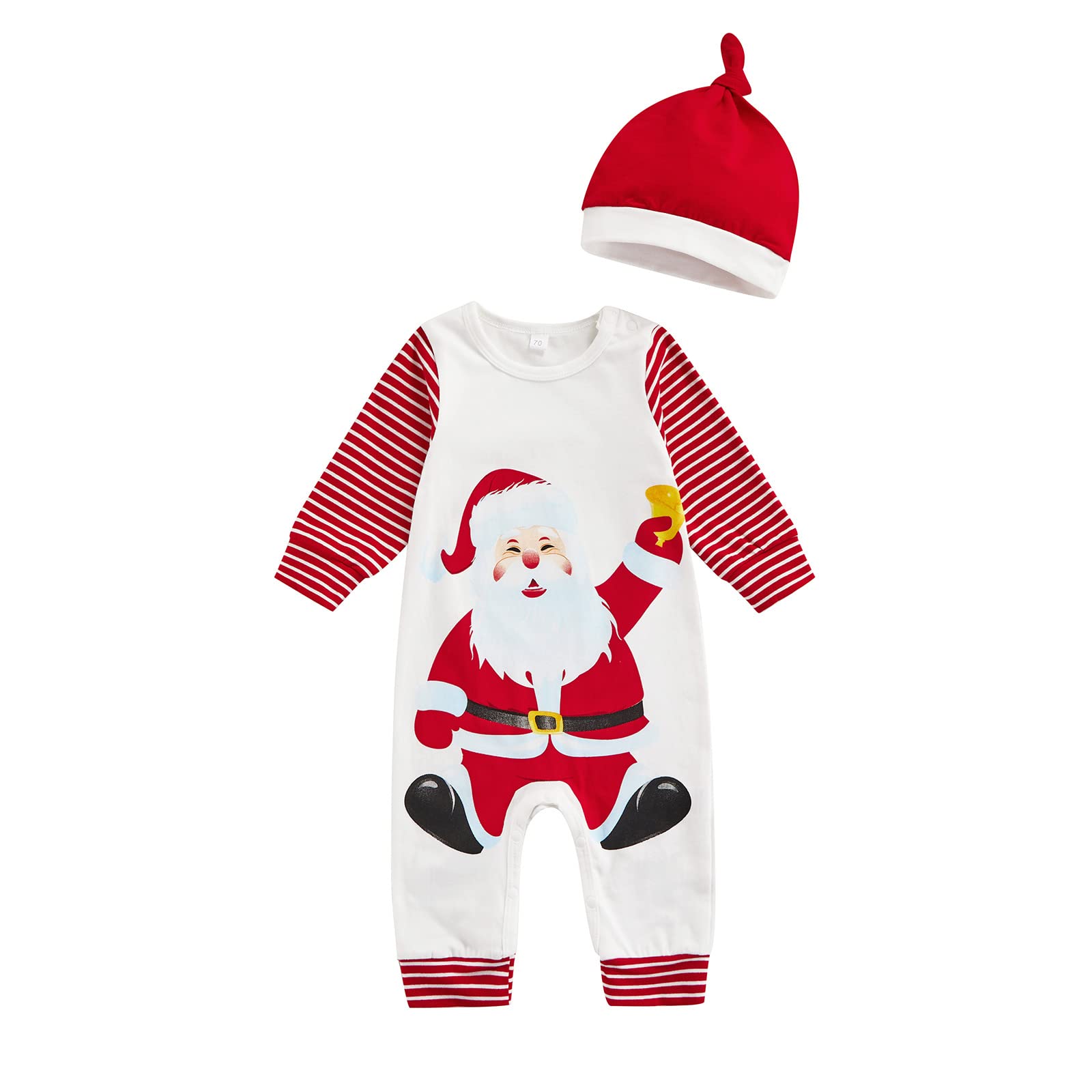 Nbulwbln Newborn Baby Boy Girl Christmas Outfit Long Sleeve Striped Santa Plaid One Piece Rompers Jumpsuit+Hat/Headband (White,3-6 Months)