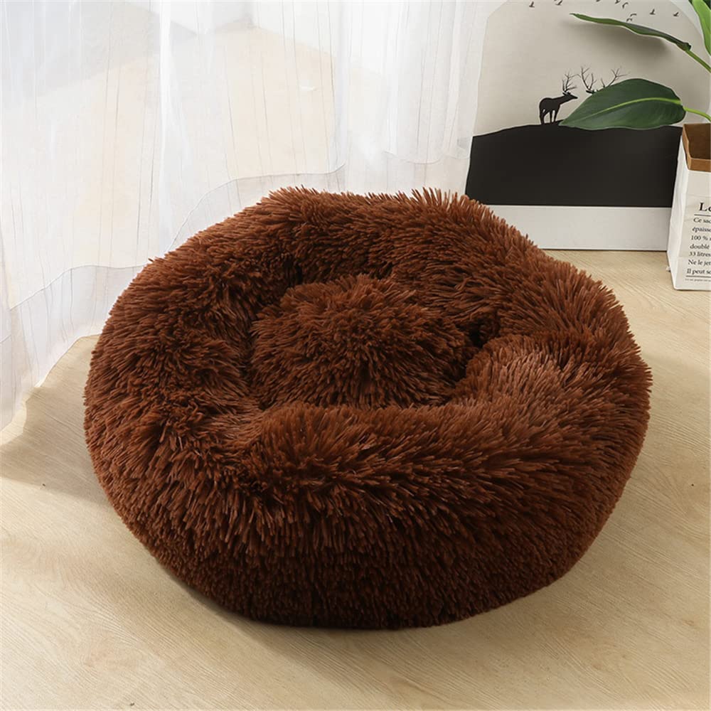 Lukery Dog Cat Donut Bed, Fluffy Plush Puppy Kitten Cuddler Round Bed, Warm and Soft Pet Cosy Anti Anxiety Beds for Small/Medium/Large Dogs (90CM,Saddle brown)
