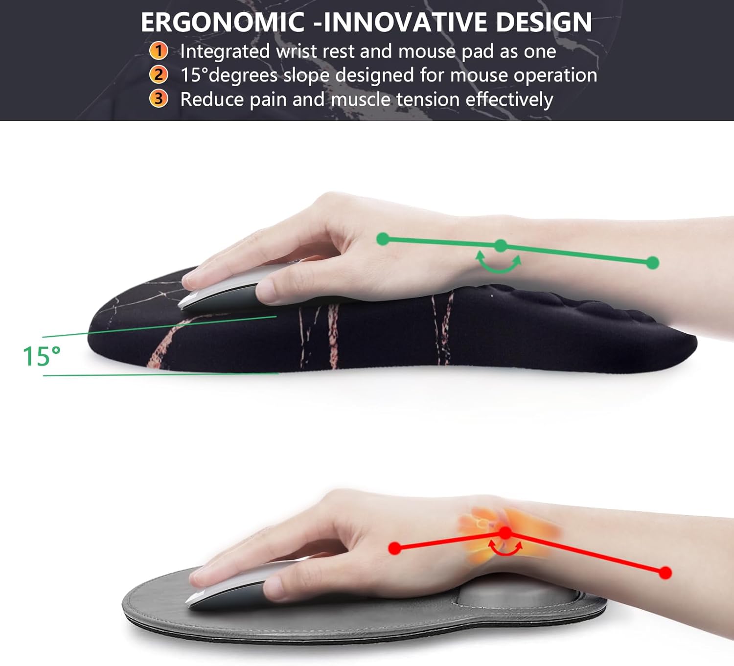 Mouse Pad Wrist Support, Ergonomic Mouse Pad with Wrist Rest, Comfortable Computer Mouse Pad for Laptop, Pain Relief Mousepad with Non-Slip PU Base Black Gold Marble