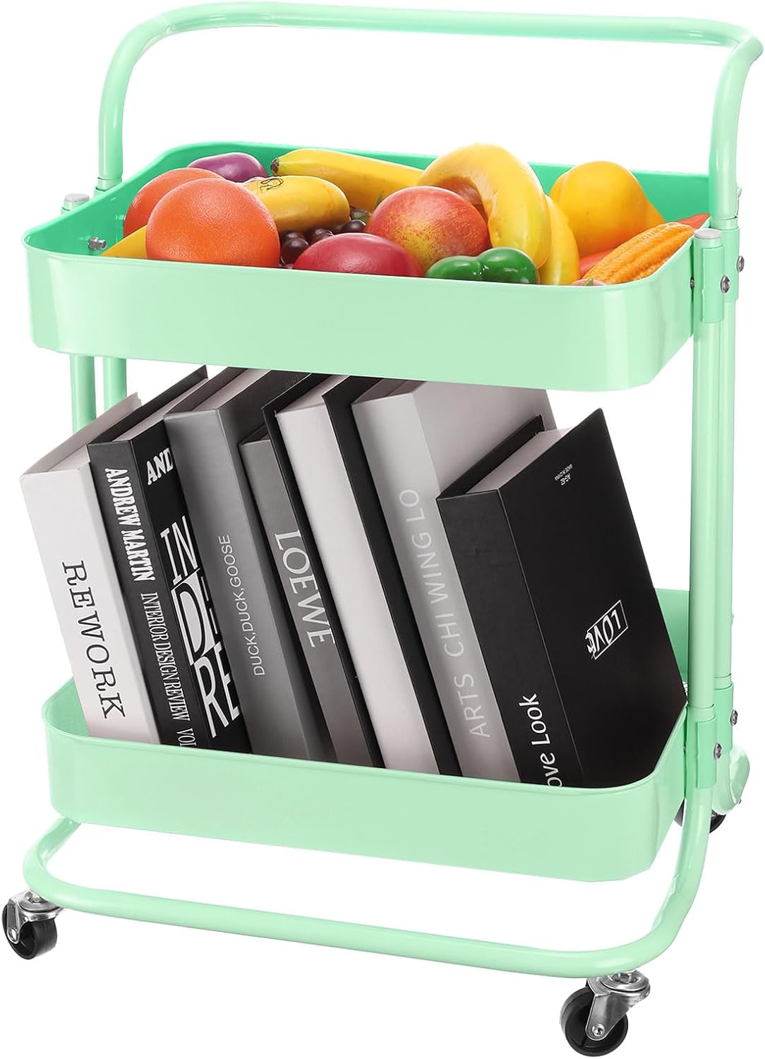 Uxcell 2 Tier Rolling Storage Cart With Handle and Lockable Wheels for Kitchen, Living Room - Green Trolley Organizer
