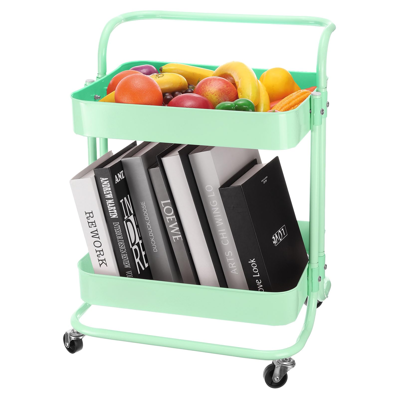 QUARKZMAN 2 Niveles Rodante Carrito, Rodante Almacenamiento Carrito con Mango y Cerradura Ruedas Cocina Carro, Almacenamiento Carro Organizador Carro para Sala, Verde