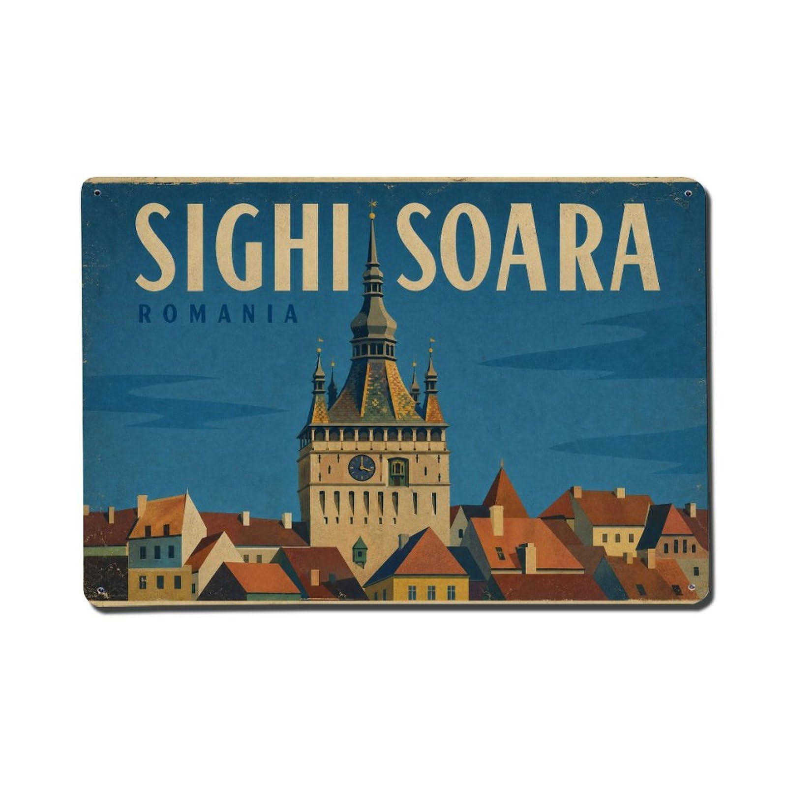 Vintage Travel Romania Sighisoara Metal Tin Sign Plaque Wall Decor for Cafe, Club Bar, Office, Garden Metal Poster 8x12Inch