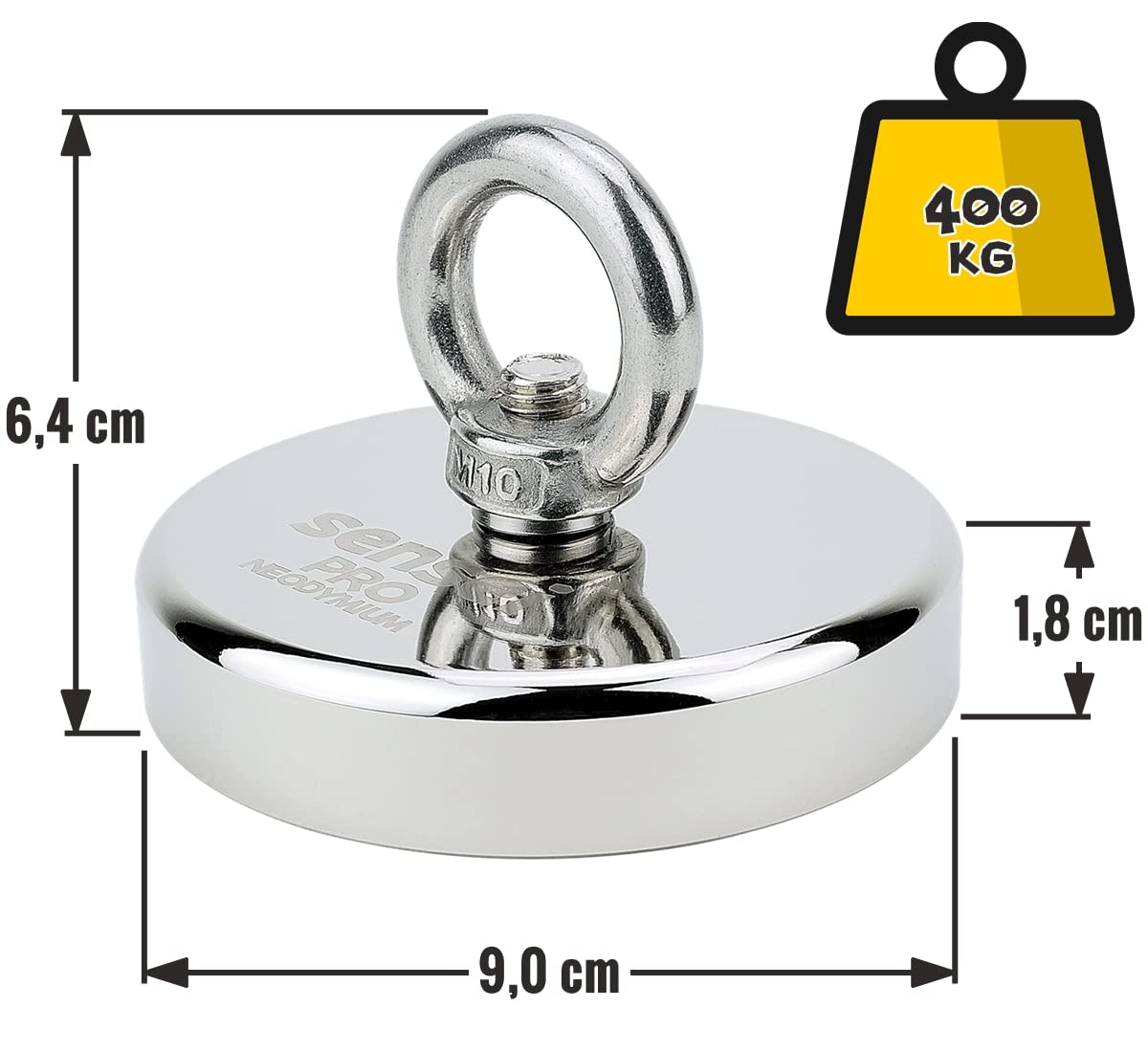Zestaw SENSEI 400 kg, Magnes Neodymowy N52 z Uchwytem, Ø9 x H1,8 cm, Lina Żeglarska 25 m, Rękawice Ochronne + Akcesoria, Zestaw do Poszukiwań i Połowów Magnesem