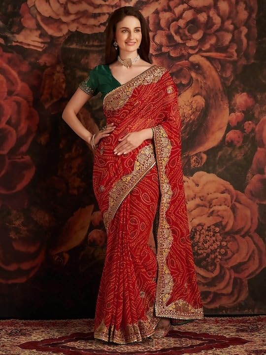 Image of Women's Georgette Bandhani Printed Embroidery Saree with Unstitched Blouse Piece