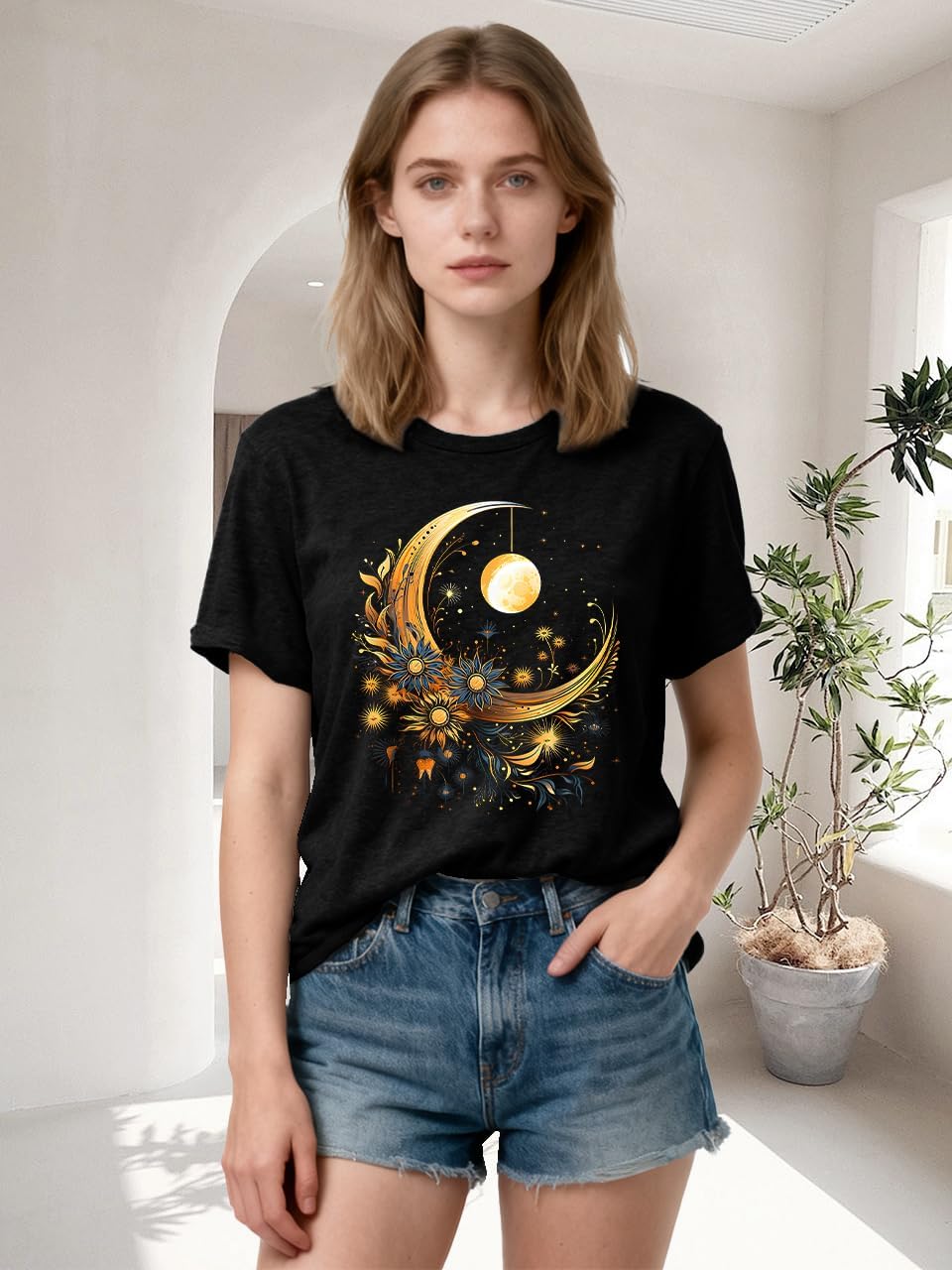 Women Mystical Sun and Moon Shirts Vintage Wildflower T Shirt Hipped Graphic Tees Short Sleeve Vacation Tops - Image 2