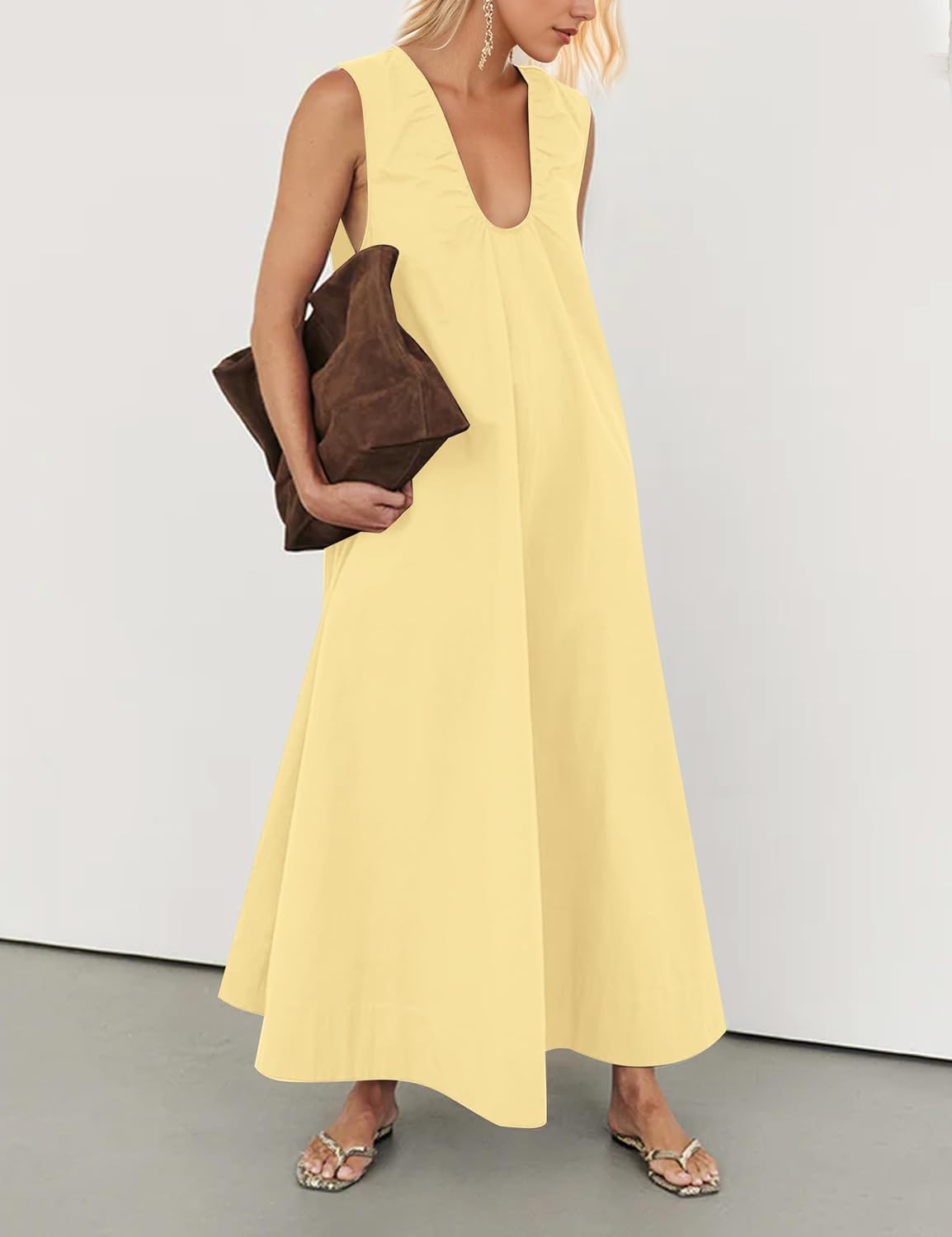 Women Flowy Maxi Dress Ruched Sleeveless Long Dress Vacation Fashion Summer Casual Loose fit Sundress with Pockets Size XS Yellow - Image 3