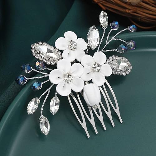 Miniatura 8 de Catery Peine para el cabello de novia con flores plateadas, peine lateral pequeño de cristal azul, pieza de cabello para novia, accesorios para el