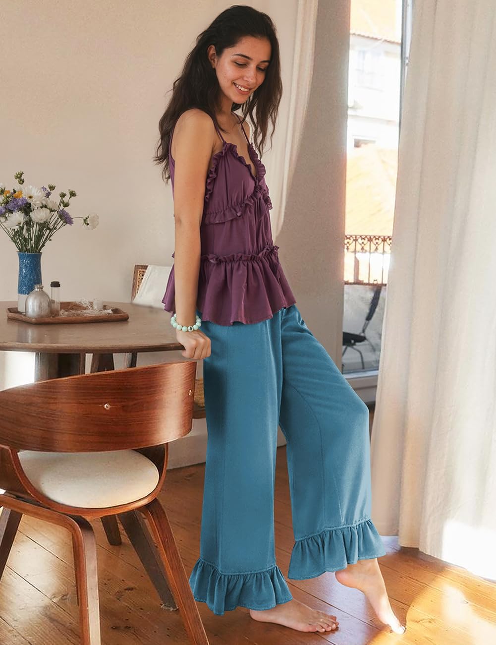 TARSE Women’s Linen Casual Pants Flared Leg Wide Leg Drawstring Ruffle Harem Palazzo Pants with Pockets - Image 3