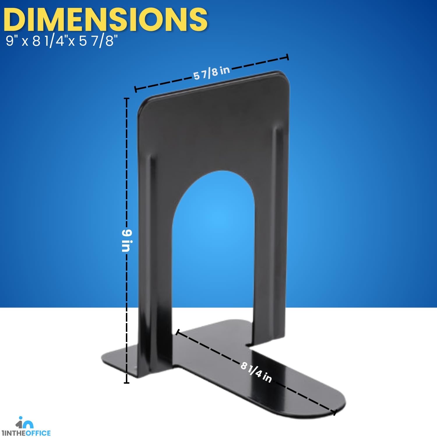 1InTheOffice Sujetalibros de metal, sujetalibros de metal resistente, sujetalibros de metal para estantes, sujetalibros negros, 8 1/4 pulgadas x 5 7/8 pulgadas x 9 pulgadas, paquete de 4