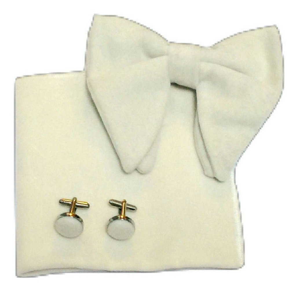 L&L® Men's Oversized Velvet Bow Tie + Pocket Square Hanky + Cuff links Set UK (Off white)