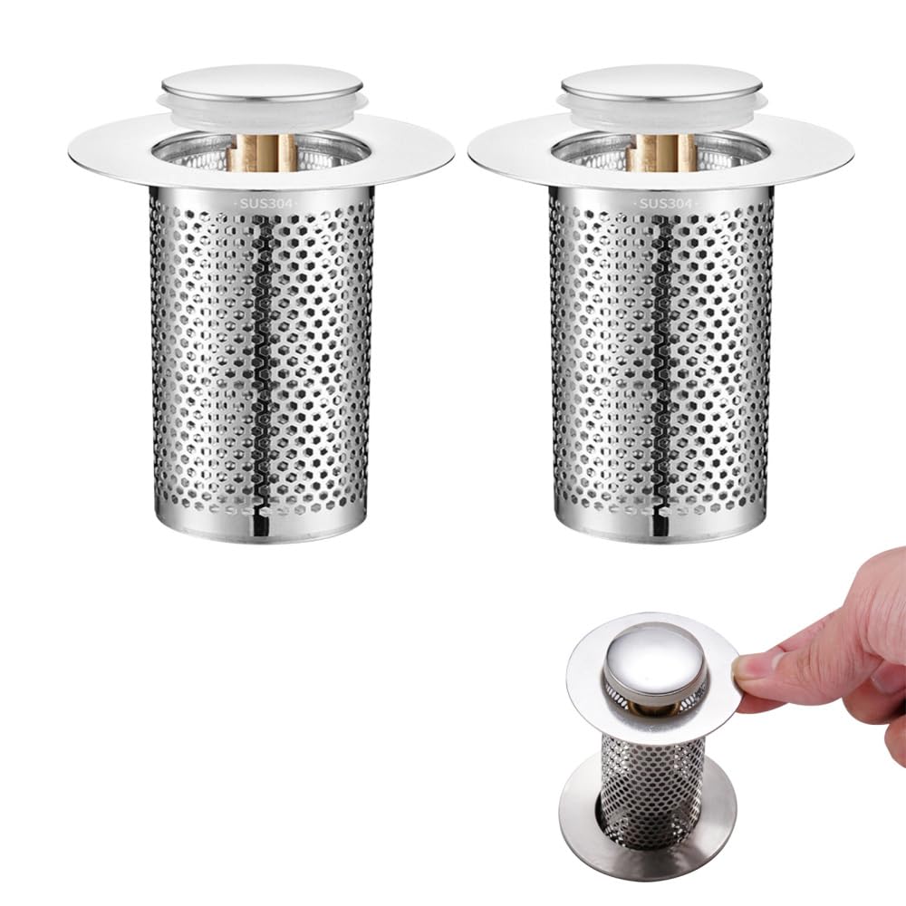 Dongker Short 2Pcs Sink Drain Strainer,Stainless Steel Removable Floor Drain Filter With Push Type Brass Rebound Core To Filter Out Hair Strainer For Bathroom Kitchen Balconies(3.3 * 5.5Cm)