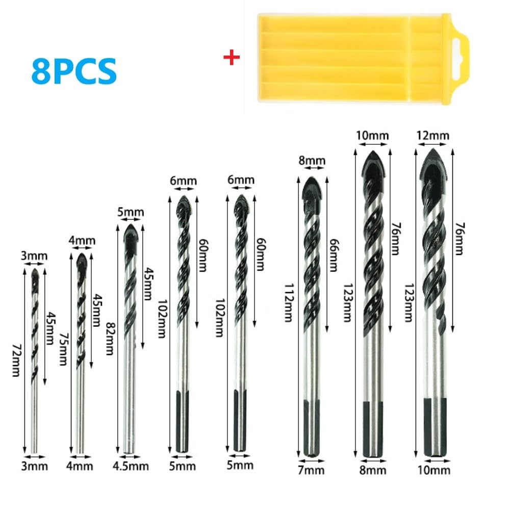 Set di 8 pezzi Punte per Trapano Multifunzionali 3-12mm per Legno, Metallo, Calcestruzzo
