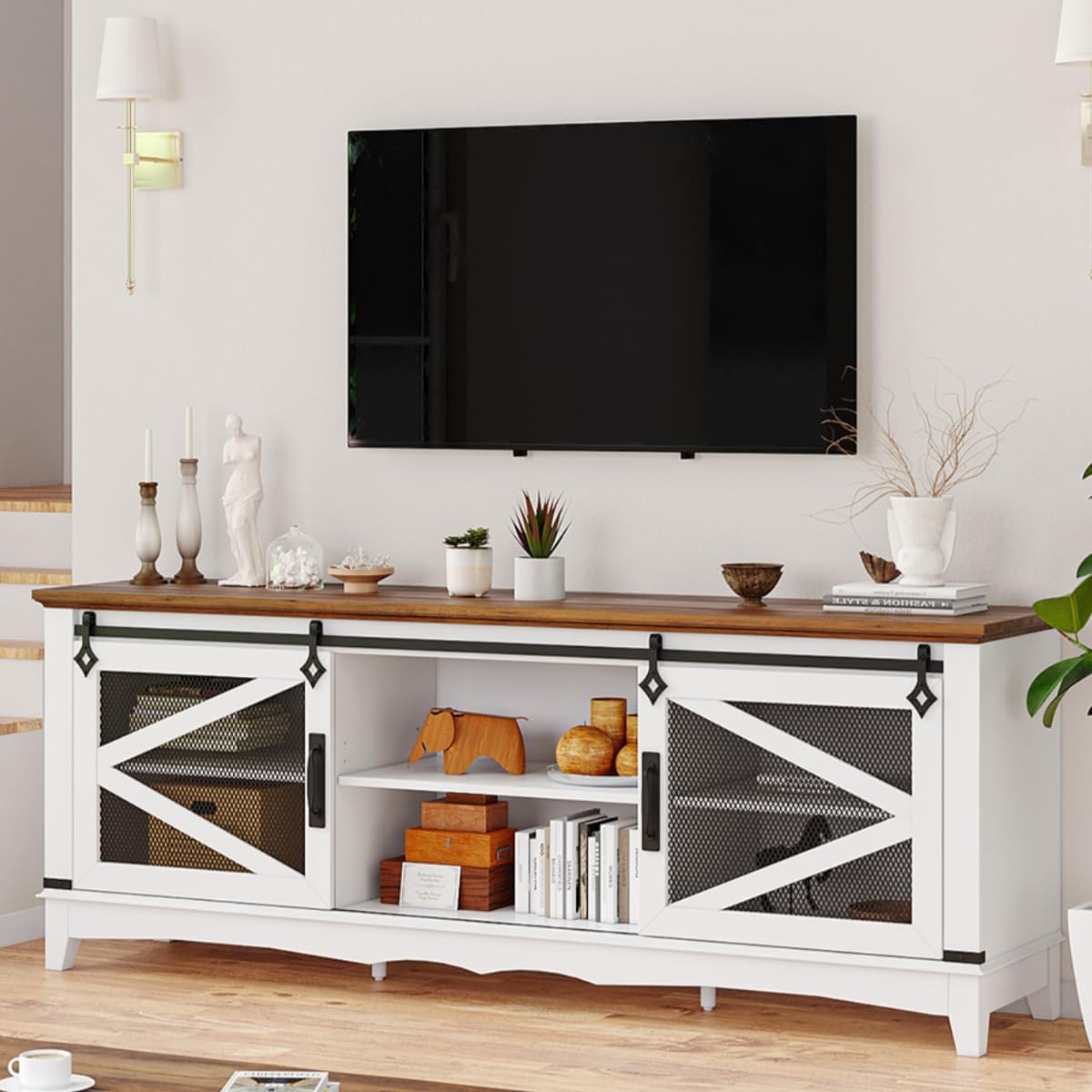 GAOMON Rustic TV Stand, 75 Farmhouse TV Table with Sliding Barn Doors, Entertainment Center for 65/70/75 inch TV, Media Console Table for Living Room/Bedroom, White and Brown