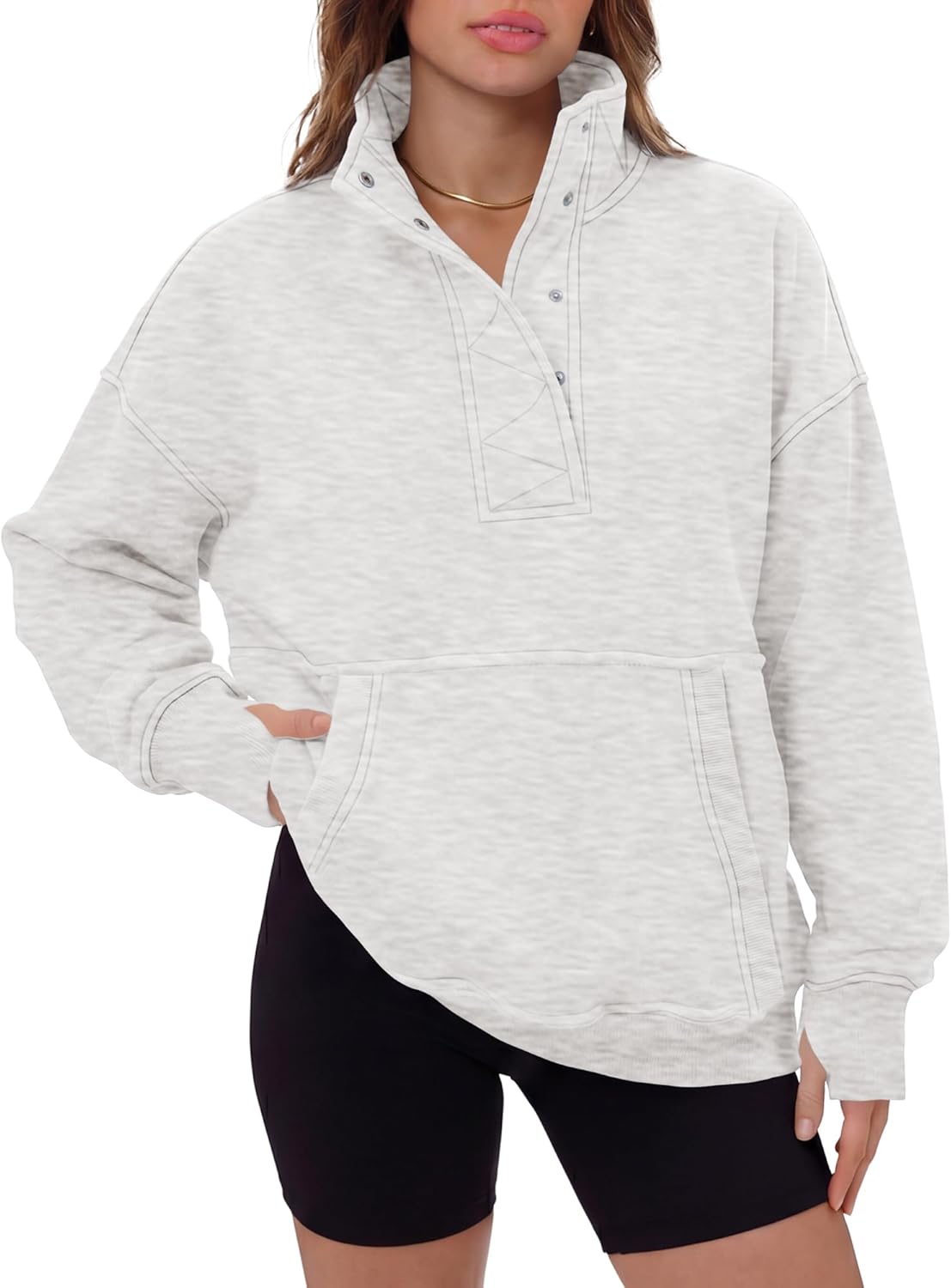 Gacaky Sweatshirts for Women Oversized Fleece Henley Neck Pullover Tops Fashion Clothes with Pockets Thumb Holes - Image 2