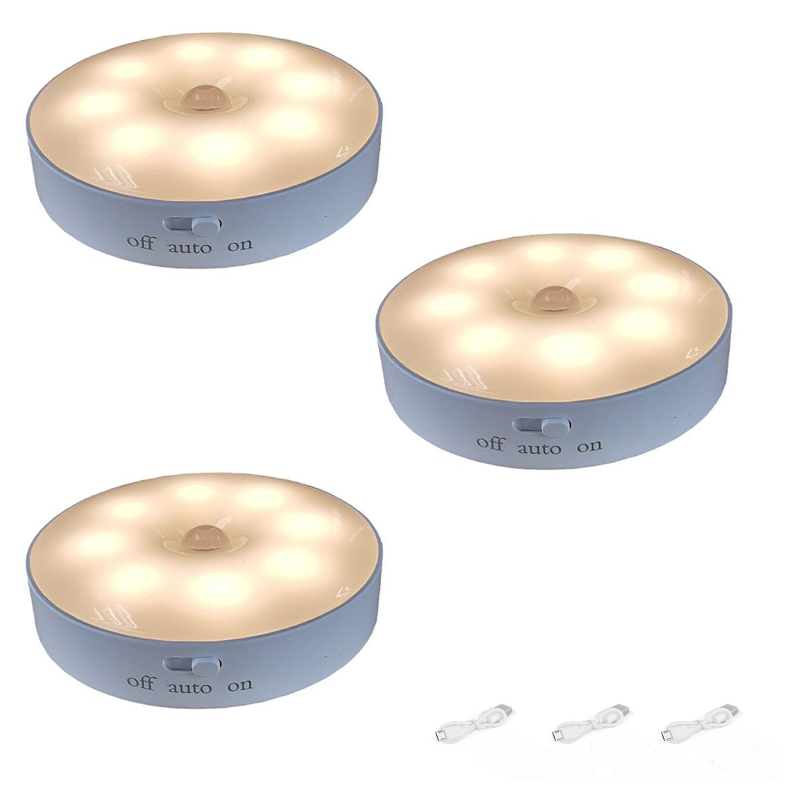 3 Pack USB Rechargeable Motion Sensor Night Lights - Warm LED Wall Lights for Bedroom, Kitchen, Stairs - Human Body Induction Step Light - Easy Install Anywhere