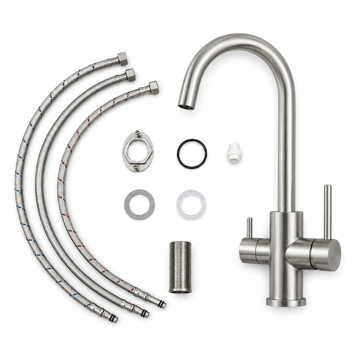 AORA® VANTO INOX Grifo de cocina de 3 vías de acero inoxidable macizo 304 – Mezclador de cocina de alta presión para filtro de agua y sistema de ósmosis – Grifo de fregadero con salida de 360°