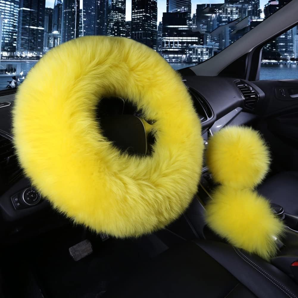 Car Steering Wheel Cover Gear Shift Handbrake Fuzzy Cover 1 Set 3 Pcs Multi-Colored with Winter Warm Pure Wool Fashion for Girl Women Ladies Universal Fit Most Car(Yellow)