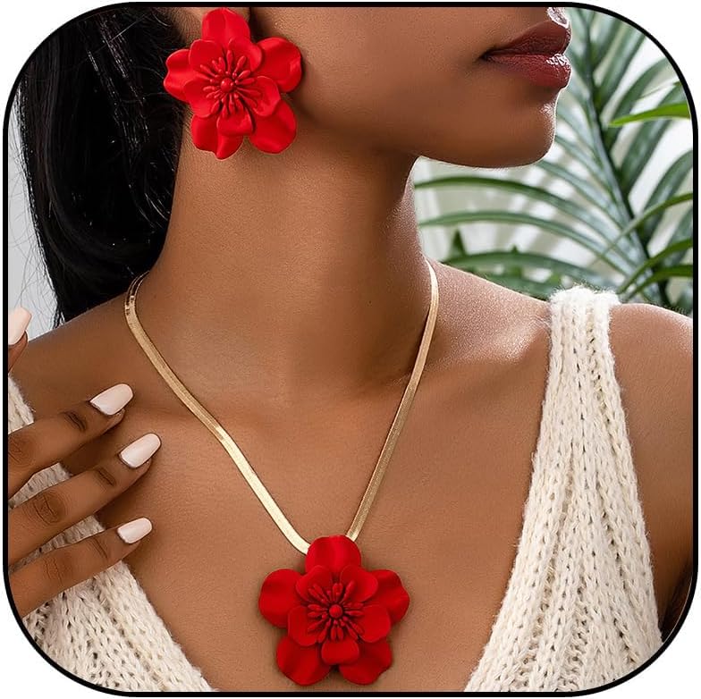 Red Flower Necklace Earrings Set for Women Vintage Floral Statement Earrings Boho Large Flower Snake Chains Necklace Wedding Beach Jewelry Set Gifts