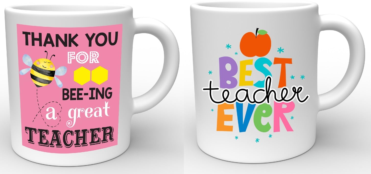 Star Online Pack of 2 Teacher Ceramic Mugs Gift Bee-ing a Great and Best Teacher Present - 11 oz (312 ml)