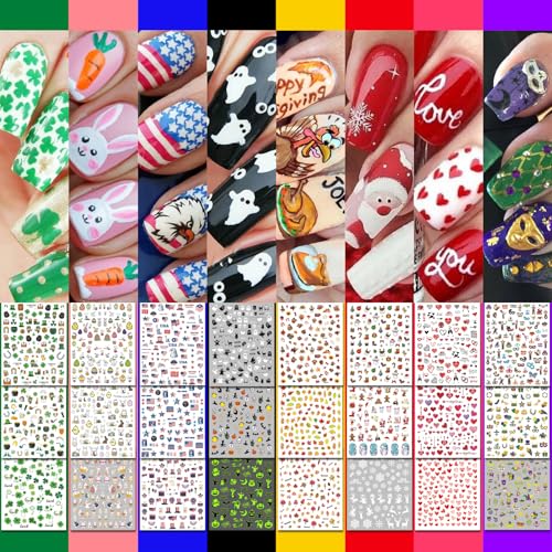 IDDFEVE 30 Sheets 8 Holiday Nail Art Stickers, Variety Pack All Season Nail Decals for All Year, Self-Adhesive Pegatinas Uñas 4th of July Halloween Fall Christmas Valentine St. Patrick's