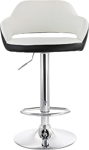 Miniatura 7 de Elama Taburete de bar ajustable de piel sintética de 2 piezas en blanco con ribete negro y base cromada, (ELM-705)