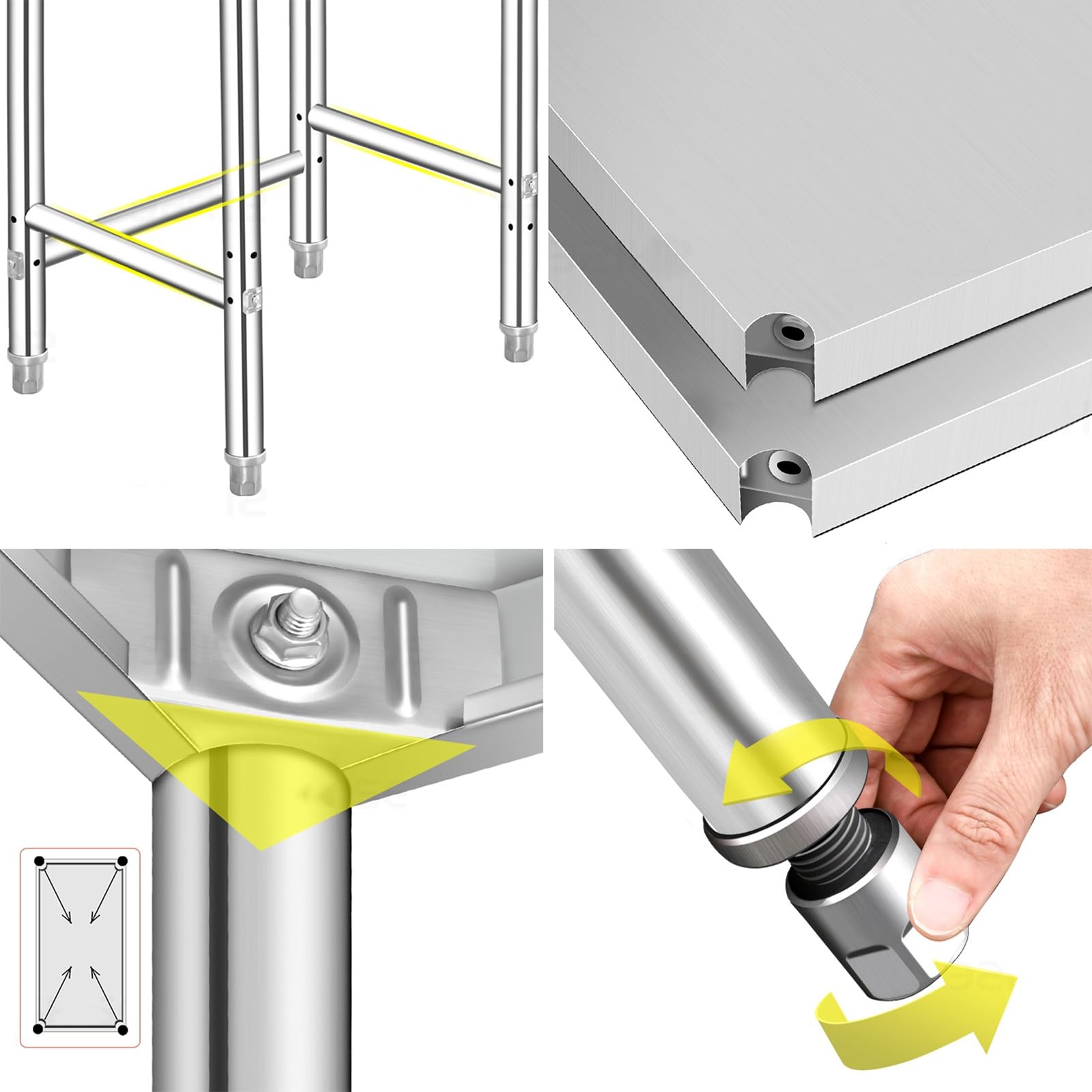 Mesa de preparación de cocina comercial de acero inoxidable, mesa de trabajo de metal de un solo nivel con fijación triangular con bisagras, estante de almacenamiento abierto resistente, estable y