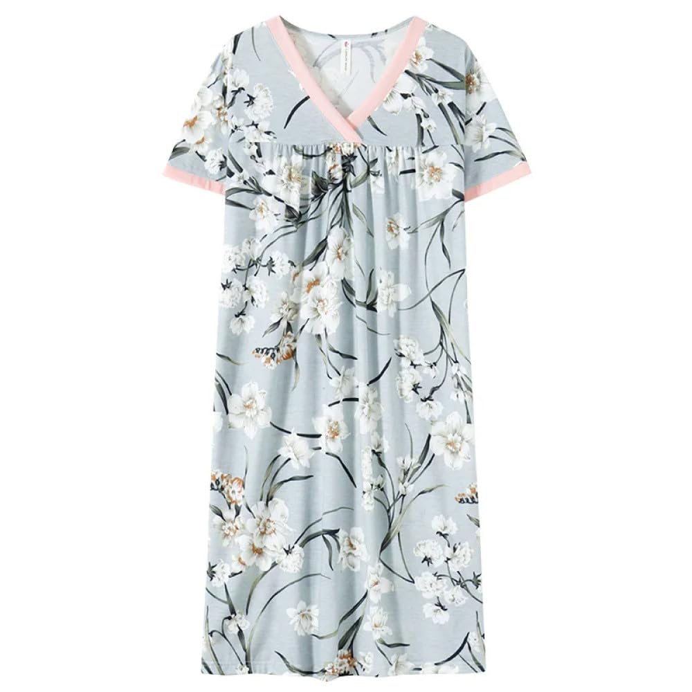 MGDIFYXAA Camisón para Mujer - Camisones De Modal De Verano para Mujer, Camisones con Cuello En V, Vestido De Noche A La Moda con Flores, Ropa De Dormir para Mujer De Manga Corta, Ropa De Casa