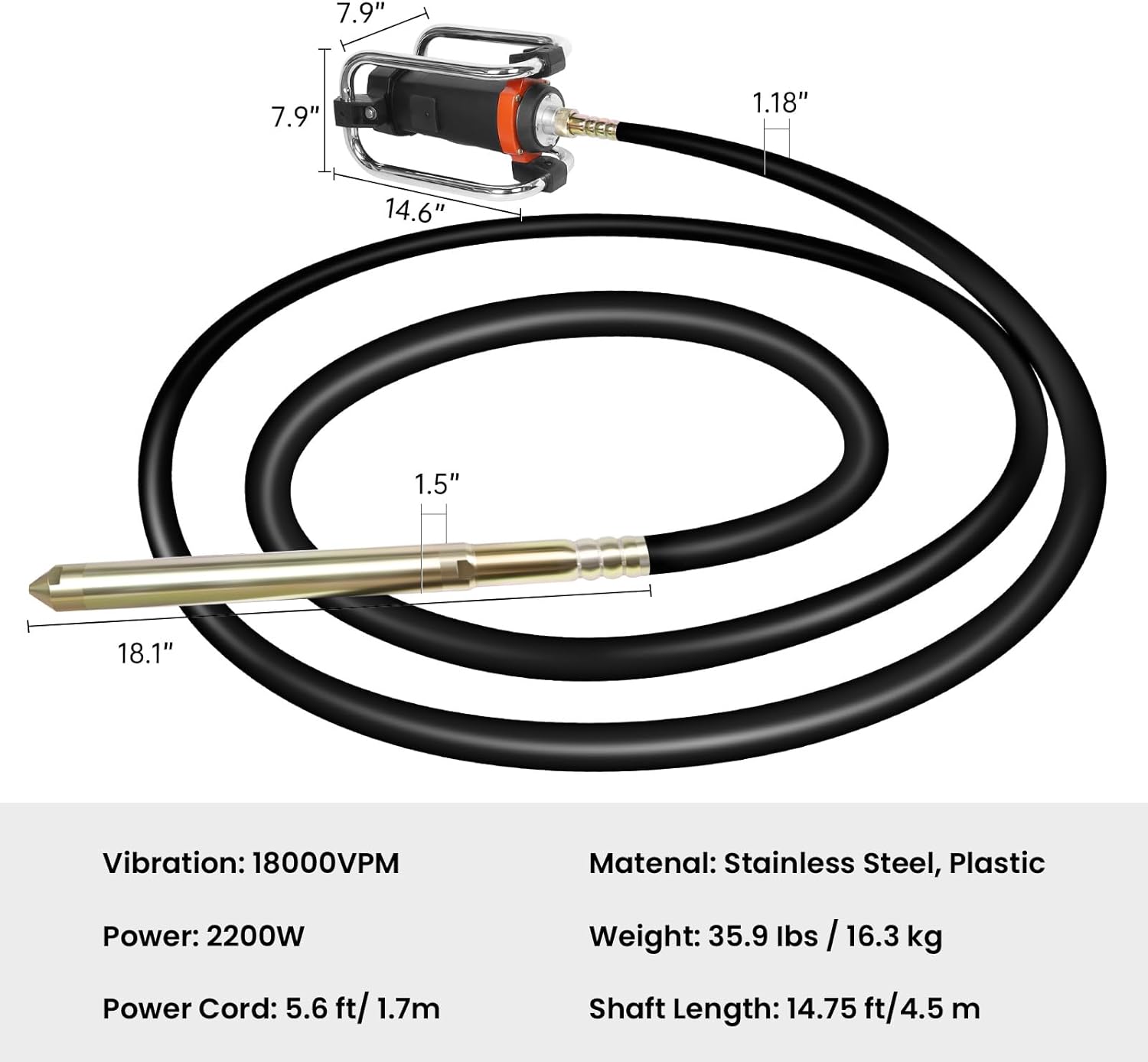 Portable Pencil Concrete Vibrator 1500W/18000RPM - 14.75ft Flexible Shaft Tool for Air Bubble Removal, Mixing Cement, Concrete Vibrator Ideal for Building Sites & In frastructure Projects