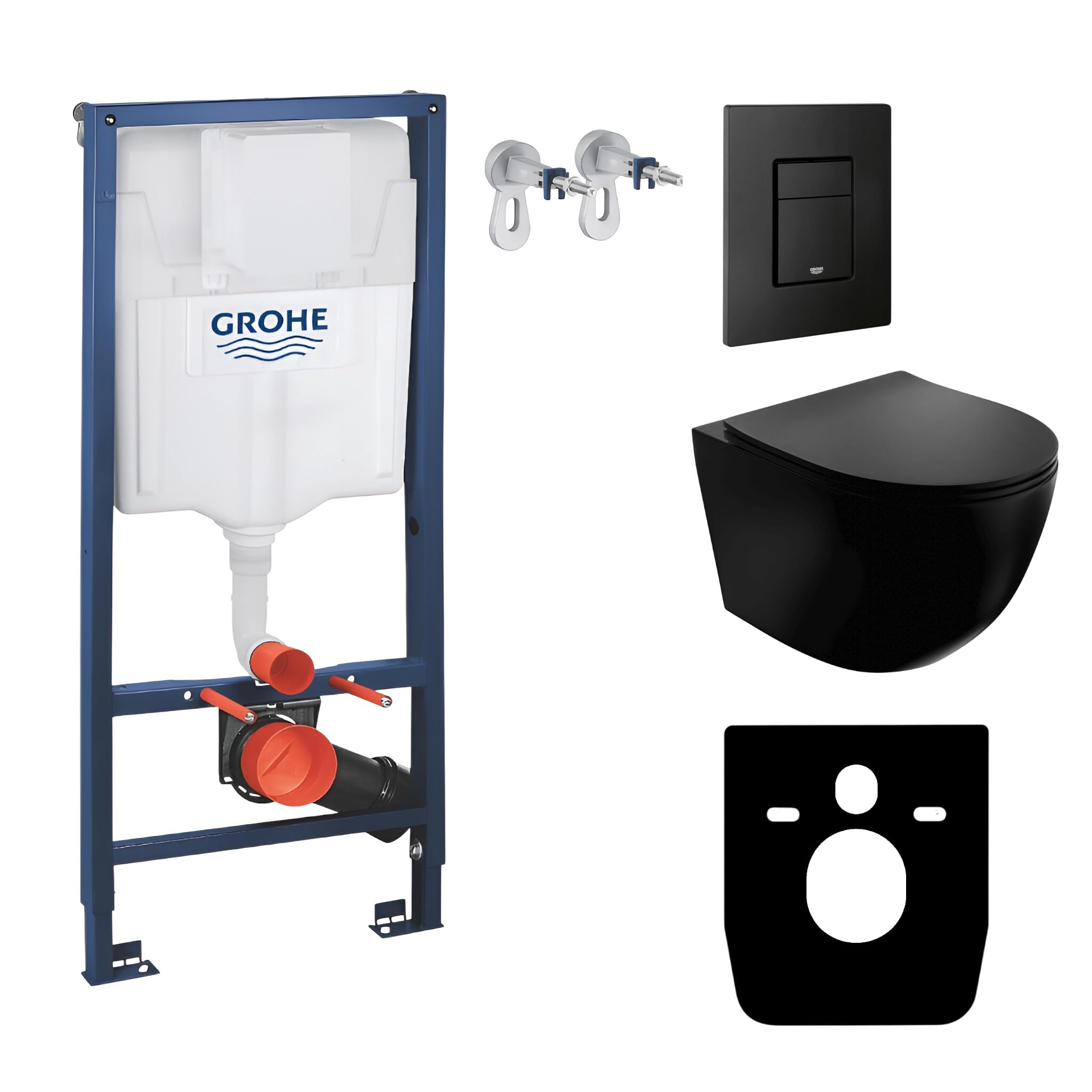 GROHE Solido + WC suspendu mural Sinto noir sans bord + abattant de WC avec système d'abaissement automatique - Bouton noir - Kit complet encastré - WC complet