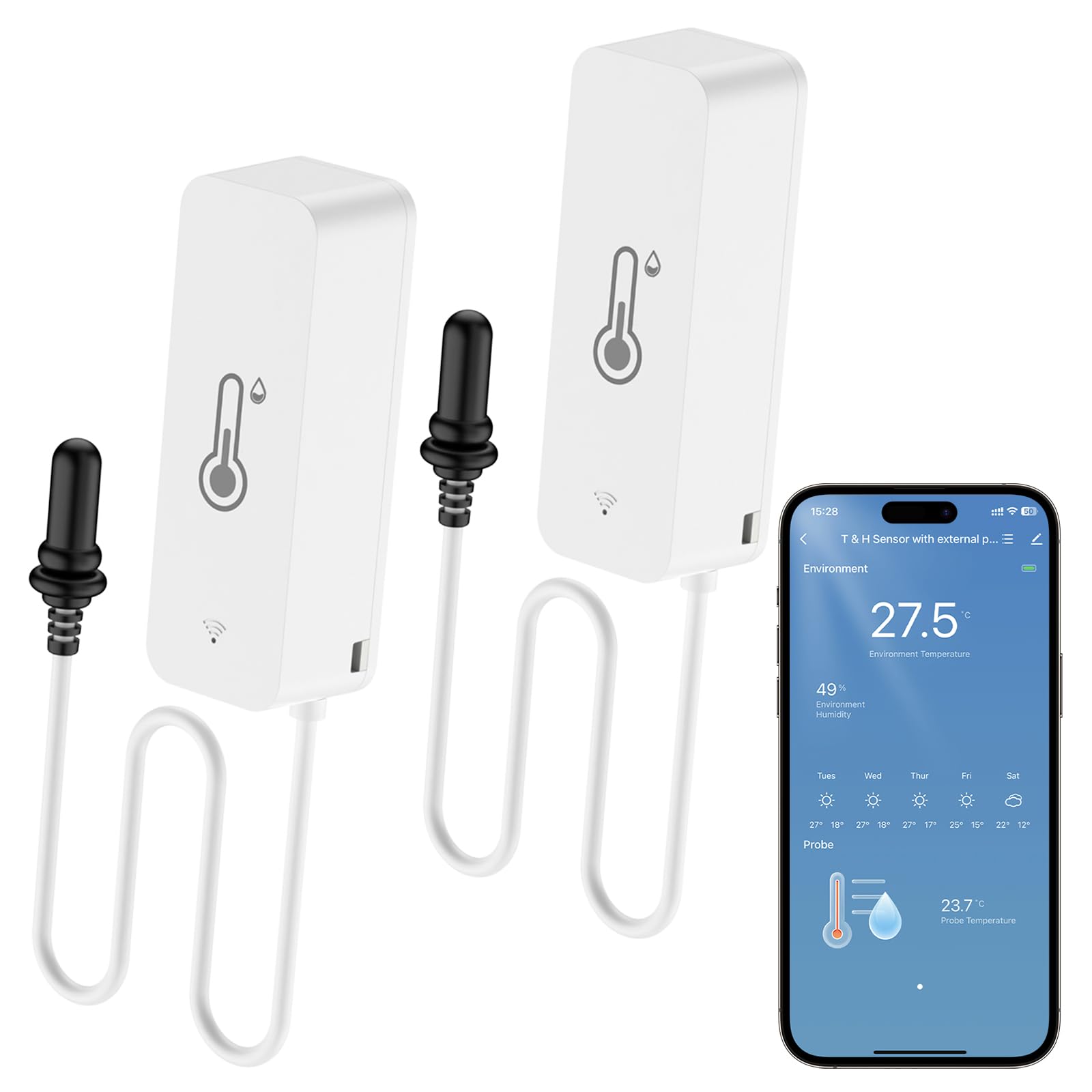 Termometro Wi-Fi igrometro interno esterno, sensore di temperatura WiFi con sensore esterno e app Tuya/Smart Life per piscina, stagno, acquario, serra, frigorifero, terrario, confezione da 2