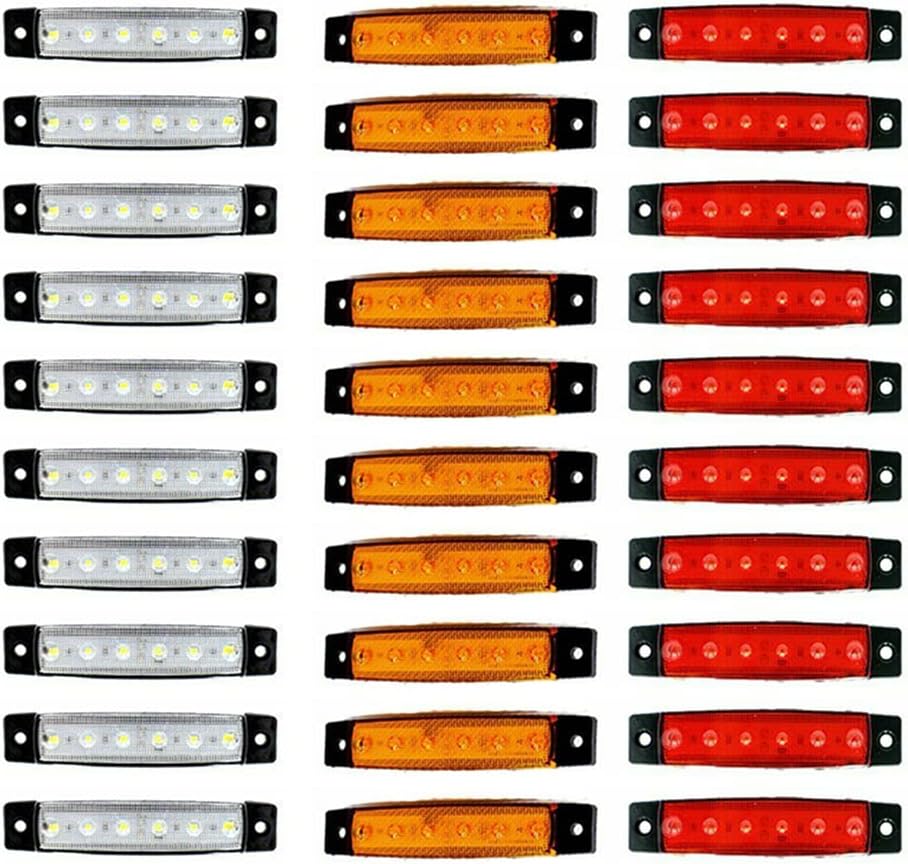 30Pcs Slim Led Side Marker and Clearance Lights 6 LED Sealed for Truck Trailer RV Led Marker Lights, Marine Led Utility Strip Light for Boats 12V