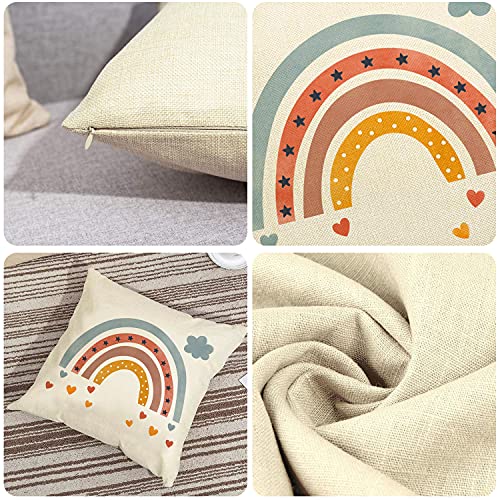 Boho Rainbow Throw Pillow Covers, Bohemian Baby Nursery Cotton Linen Pillow Cases Neutral Rainbow Sofa Couch Decor 18X 18'' Baby Shower Birthday Gift For Girls Set Of 4 #TOP3