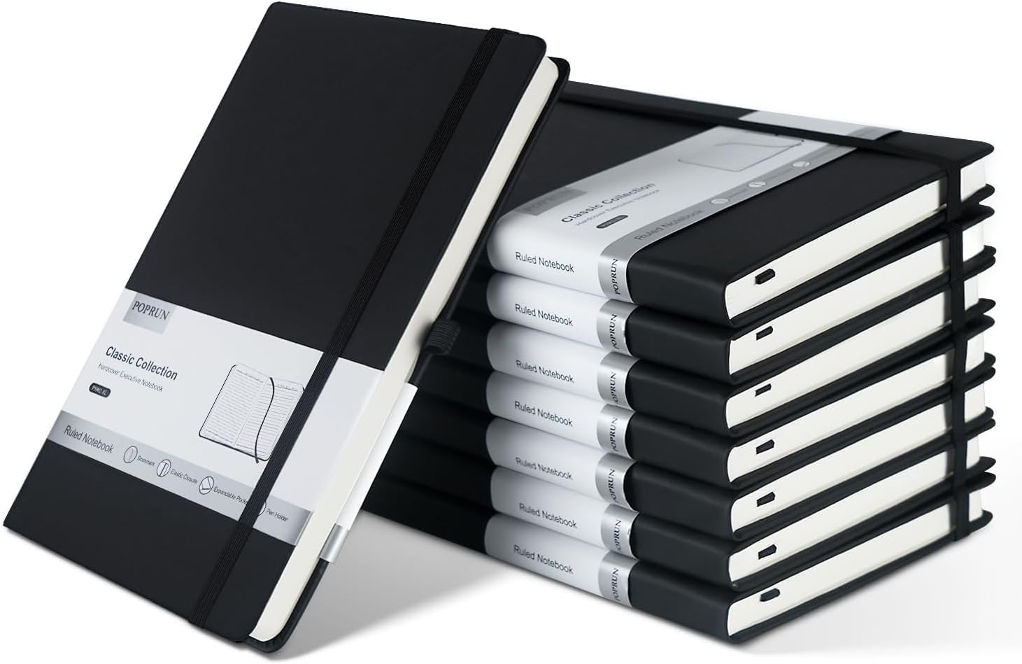 POPRUN 8 Pack Black Lined Journal Notebooks, Waterproof PU Leather Hardcover, A5 Classic College Ruled Journals for Writing, Business Work, School Note Taking, 5.5 x 8.3 inch, 240 Pages Notepad POPRUN 8 Pack Black Lined Journal Notebooks, Waterproof PU Leather Hardcover, A5 Classic College Ruled Journals for Writing, Business Work, School Note Taking, 5.5 x 8.3 inch, 240 Pages Notepad