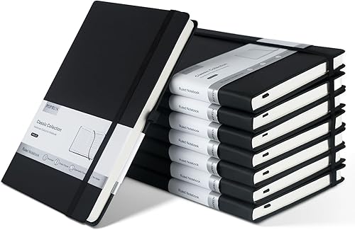 POPRUN Paquete de 8 cuadernos con rayas negras, tapa dura de piel sintética impermeable, tamaño A5, clásicos con rayas universitarias para escribir,