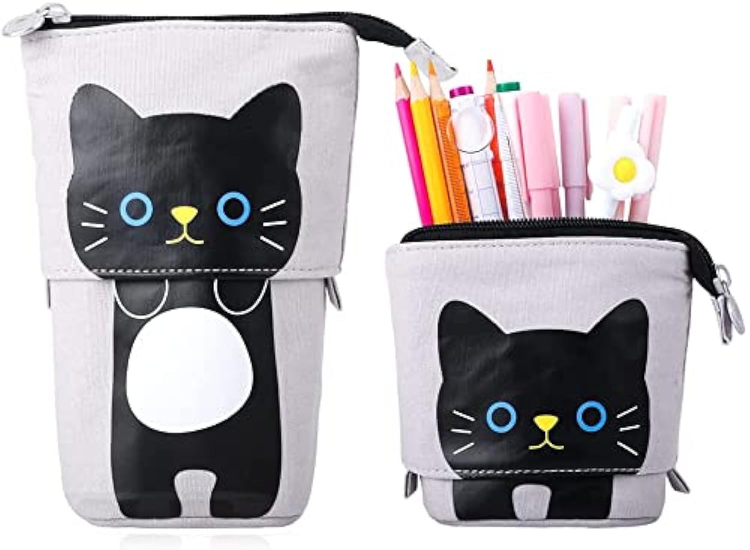 AUTOYSUR Pencil Case Box Transformer Stand Store Pencil Holder Cute Cartoon Standing Pen Pouch Dual-Use Canvas Storage Stationery Bags for Teen Girls Boys (Black Cat)