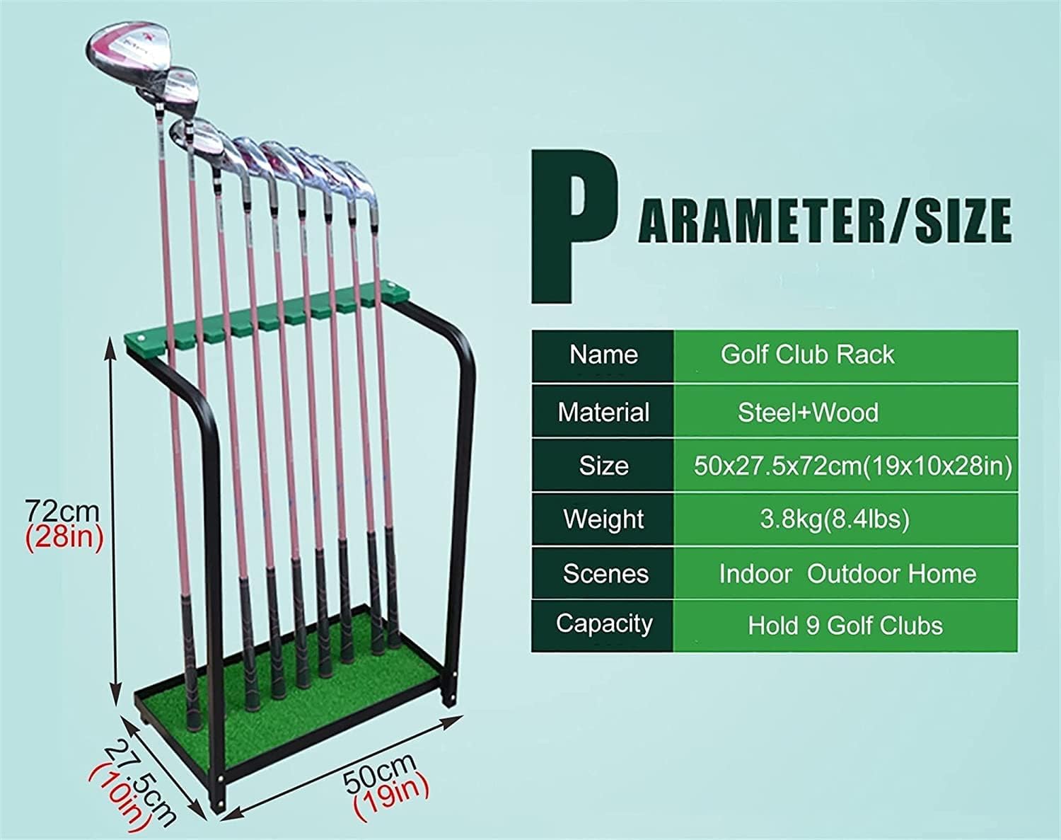 Putting Mats Golf Club Organizers 9-Hole Holder Display Shelf - Golf Club Storage Rack, Metal, Green