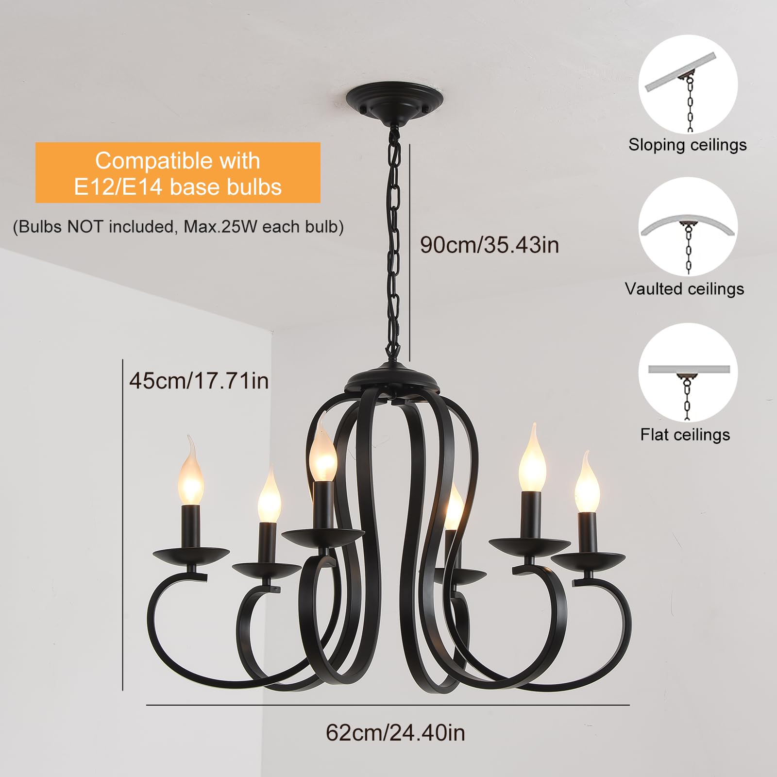 Lampadari Lampadario in metallo vintage country francese Illuminazione Lampada a sospensione a candela Catena in metallo regolabile alta per sala da pranzo Cucina Isola Foyer nero 6 luci