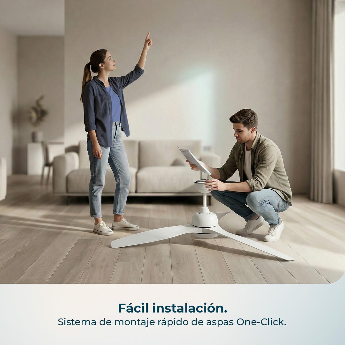 Cecotec Ventilador de Techo con Luz EnergySilence Aero 452 QuickSnap White. 30W, Motor DC, Diámetro 52" (132cm), 3 Aspas, 3 Tonos LED, Mando a Distancia, Temporizador, Montaje Rápido con un “Click” | Fernbedienung, Timer bis 8 Std., 6 Geschwindigkeitsstuf