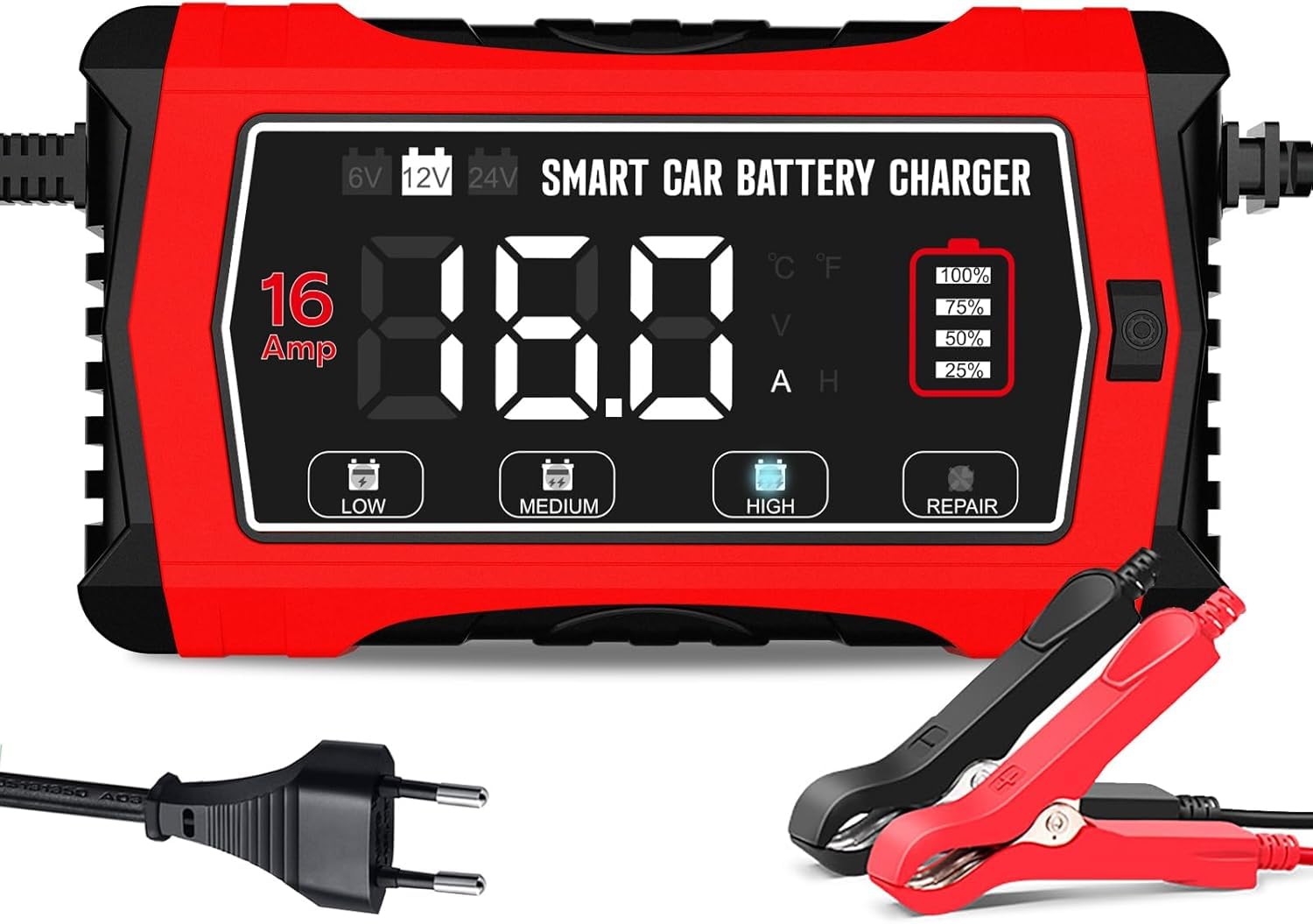16A 6V/12V/24V Autobatterieladegerät-Haisito Intelligentes Ladegerät mit LCD-Display, Batteriepfleger,Erhaltungsladung&Entsulfatierung für AGM,LiFePO4,Blei-Säure(Motorrad, Wohnmobil, Caravan)