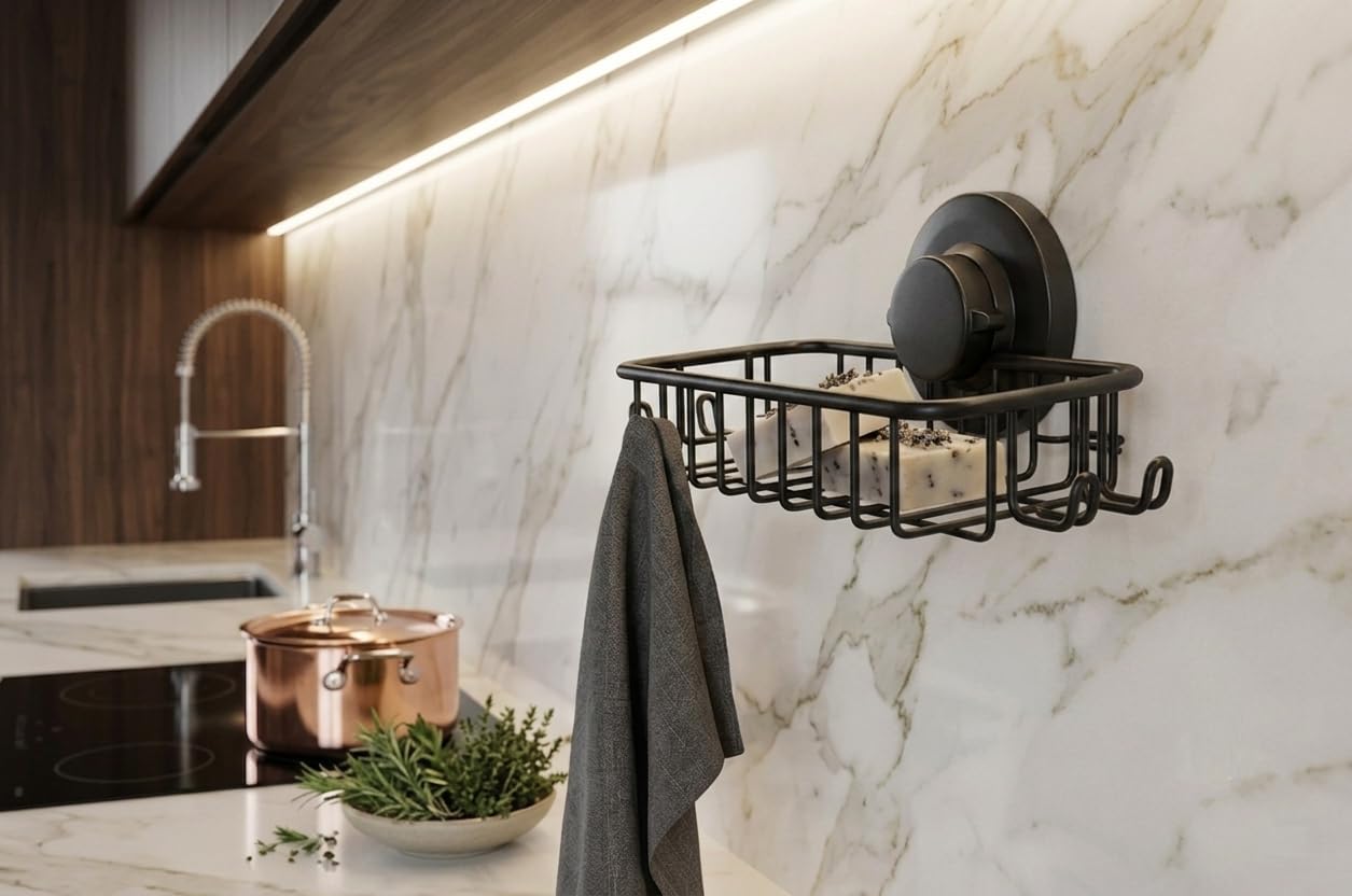 Jabonera para ducha, potente sistema de vacío, cesta de acero inoxidable 304 con ganchos de afeitar, soporte para jabón de baño o cocina (negro)