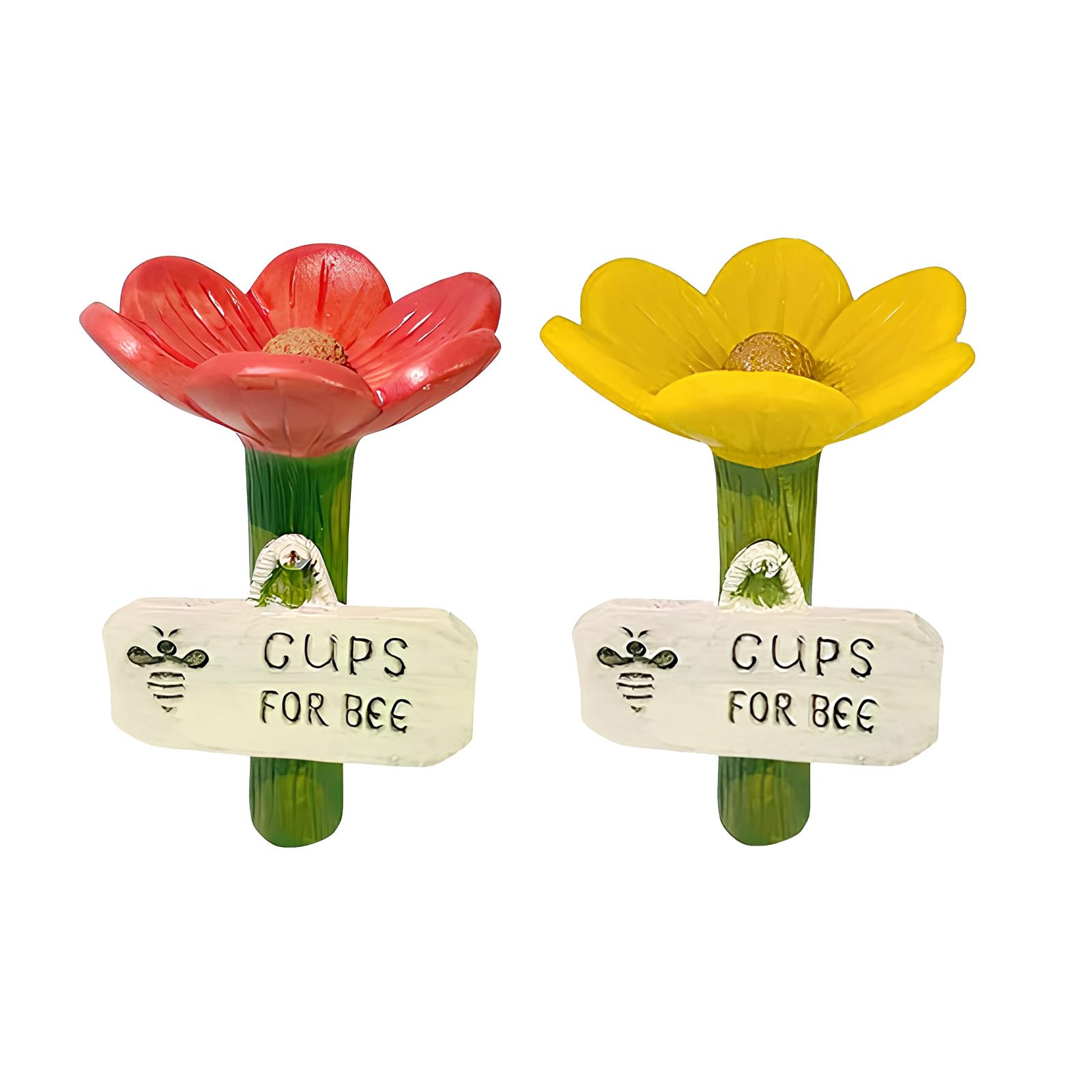 2 Pcs Cups for Bees, Flower Shaped Pollinator Bee Watering Station, Drinking Feeder with Stake Base, Bee Cups for Garden, Yard and Lawn (Red and Yellow)