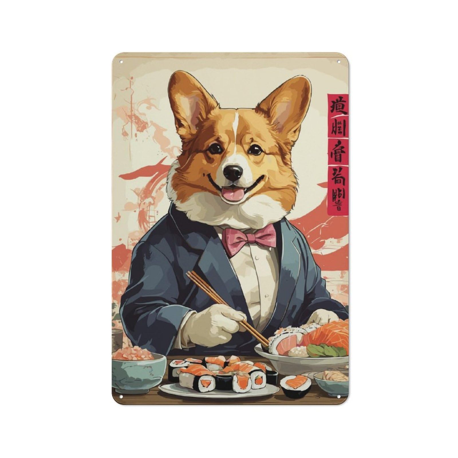 Junmoney Corgi Sushi Vintage Tin Sign 30X20cm For Dining Room Or Kitchen, Suited To Dining Room Decor Fans