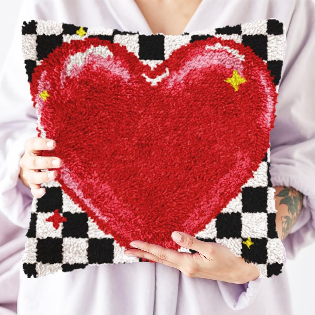 FREEBLOSS Knüpf Sets Für Erwachsene Und Anfänger Red Heart Vorgedruckte DIY Häkel Und Knüpf Sets Kissenbezug Zur Dekoration Des Sofas Inklusive Anleitung (17 x 17 Zoll)