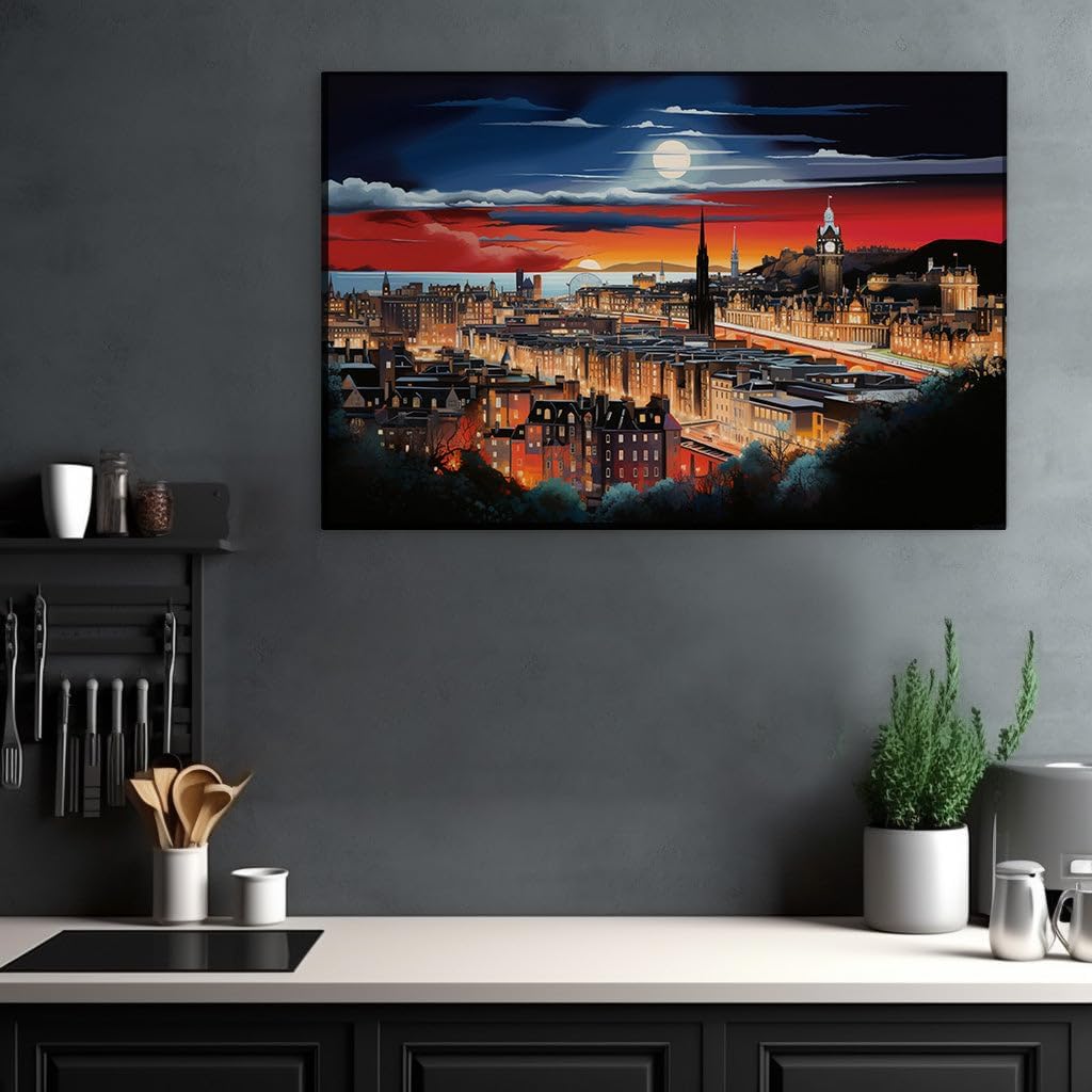 Canvas for Living room. Edinburgh Enchanted: A Moonlit Masterpiece Unveiling the City's Sleeping Beauty, 27 x 18 inch Canvas Wall Art - Contemporary Masterpieces - Modern Home Decor