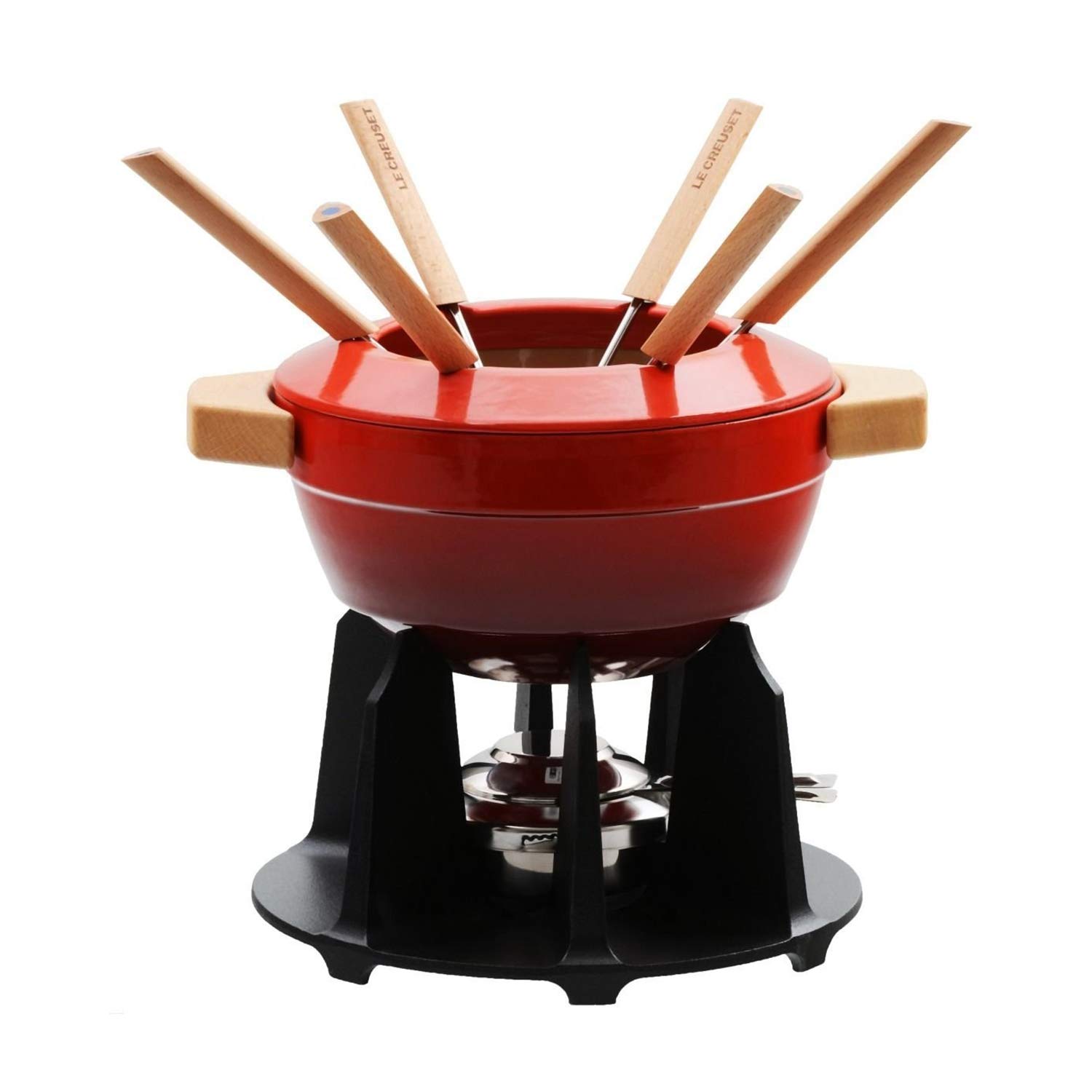 Le Creuset Service à Fondue en Fonte Émaillée avec manche en bois, 2 L, Cerise, 60612000602460