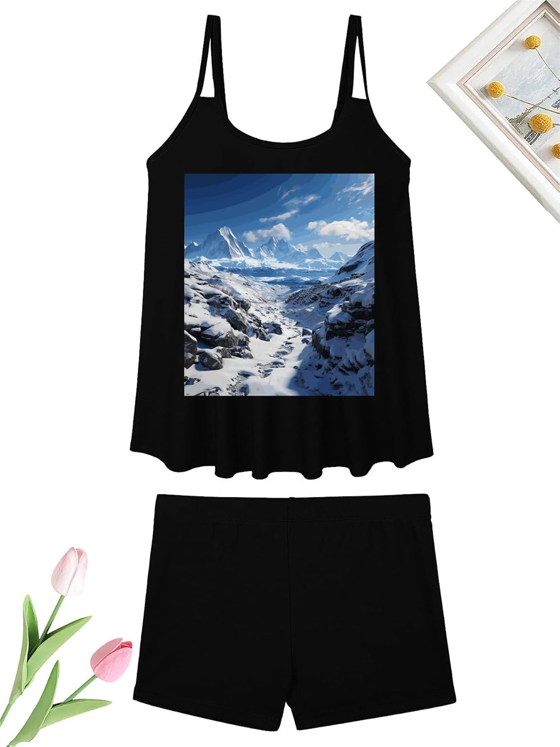 Spectacular Snowy Mountains Tankini Swimsuits for Women Tummy Control Two Piece Bathing Suits Swim Tops with Boy Shorts Black