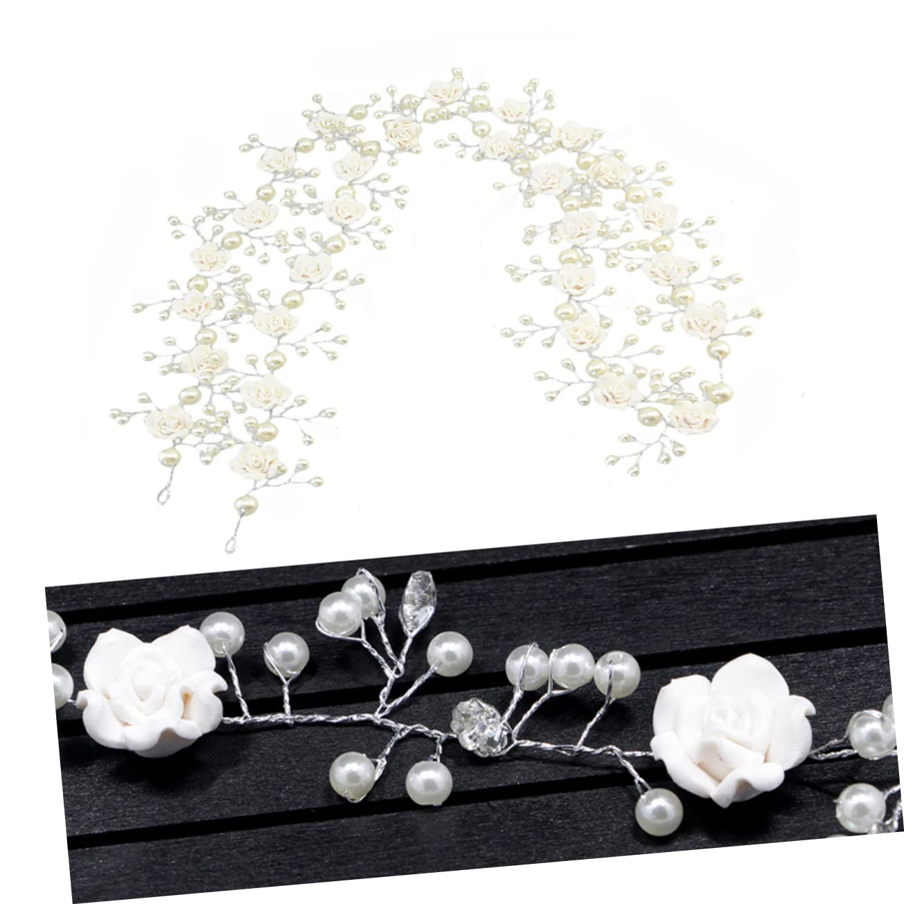 Weißes Haarband, Perlen-Haargummis, Braut-Kopfbedeckung, Hochzeit, Rebe, Blume, Perlen-Rebe-Stirnband, weiche Kette, Braut, weiße verlängerte Blumen-Perlen-Stirnbänder