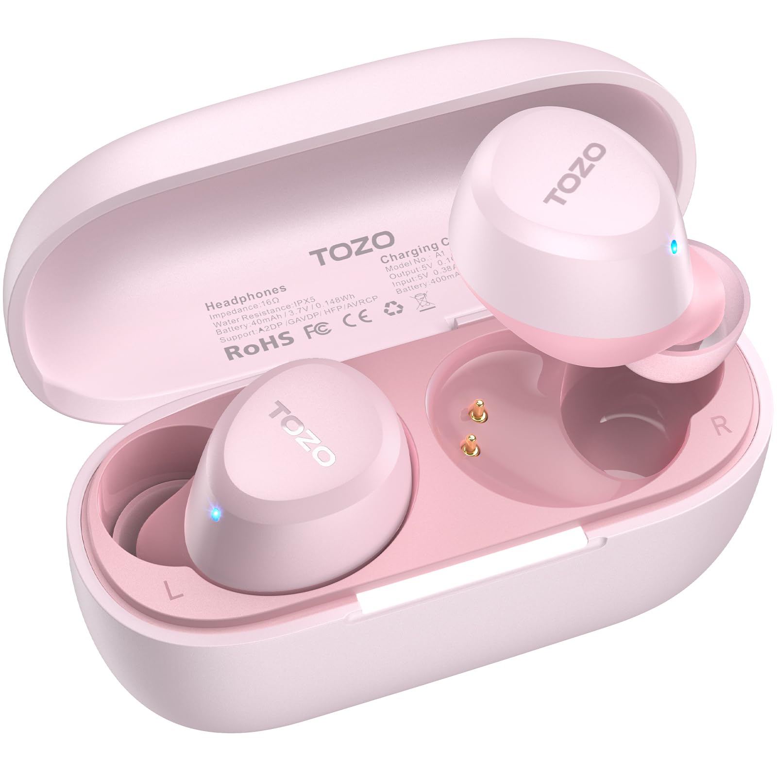 TOZO A1 Mini Wireless Earbuds Bluetooth 5.3 in Ear Light-Weight Headphones Built-in Microphone, IPX5 Waterproof, Immersive Premium Sound Long Distance Connection Headset with Charging Case, Rose Gold