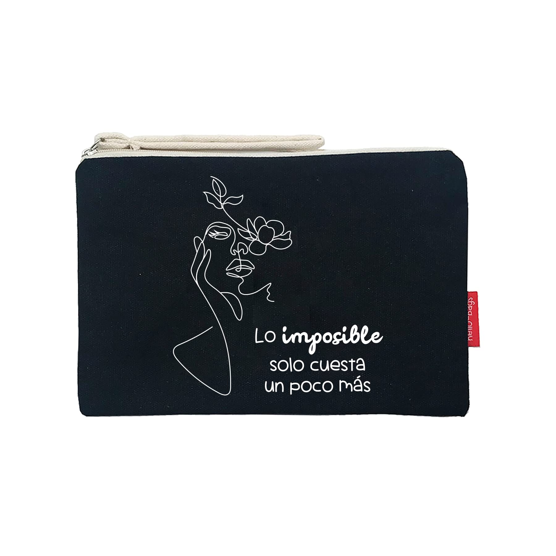 hello-bags Bn-002-loimposible, Bolso Neceser/Cartera de Mano. Exterior: Algodón 100%. con Cremallera y Forro Interior. Incluye sobre Kraft de Regalo. Color: Crudo/Negro. 23x15,5 cm. para Mujer